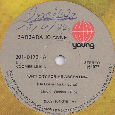 Barbara Jo Anne - Don't Cry For Me Argentina / Cherchez La Femme - C'Est Si Bon (Compacto)